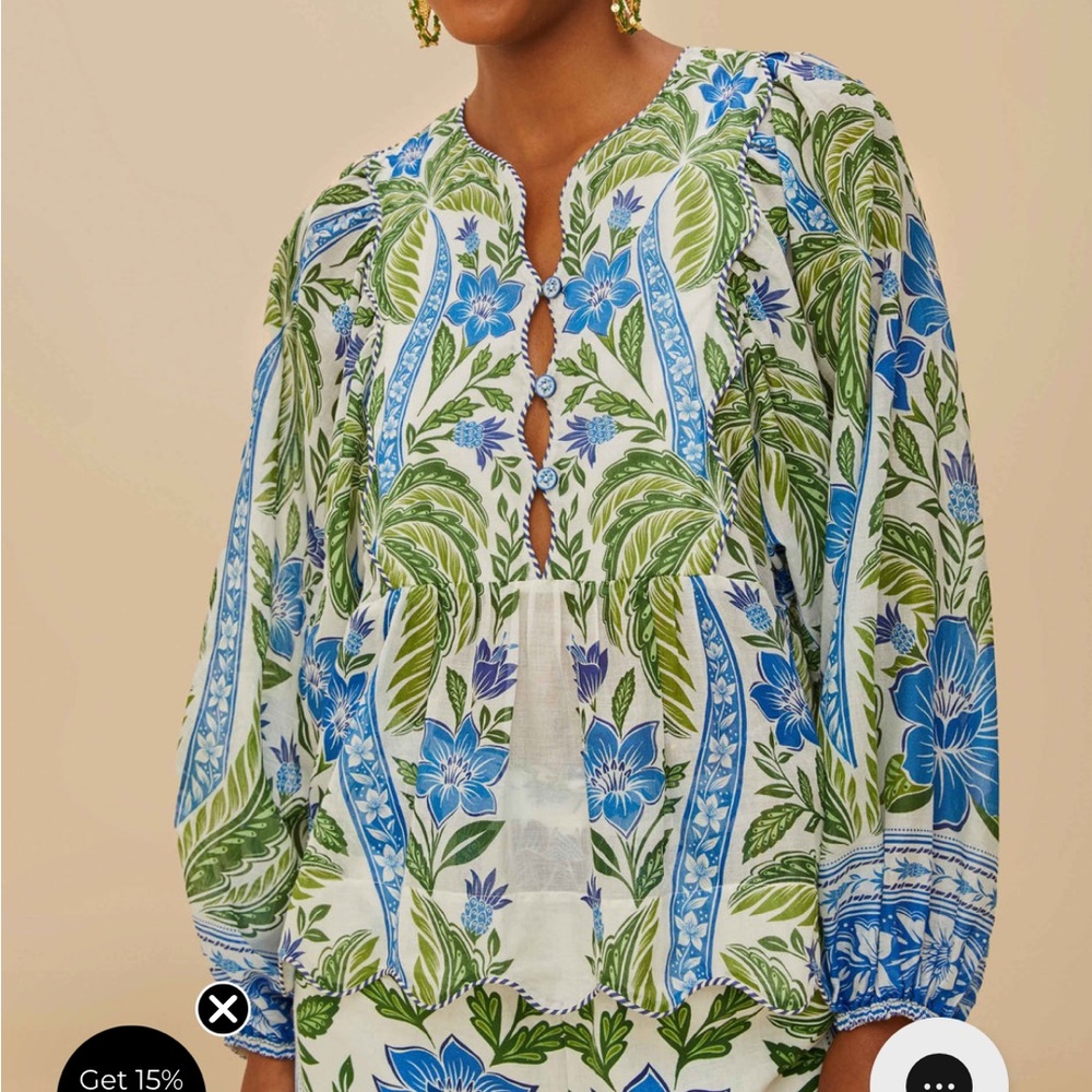 Farm Rio Tropicance wavy yoke palm blouse
